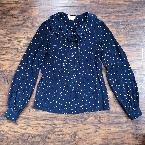 Kate Spade • Lynette Blouse silk polka dot navy blue ruffle collar bow tie neck - Picture 2 of 14